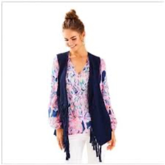 Lilly Pulitzer Andella Navy Blue 100% cotton fringe detail Sweater vest - Picture 1 of 11